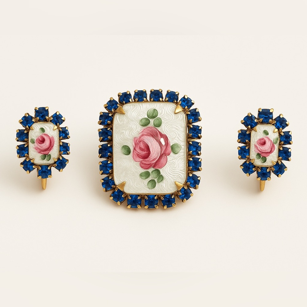 Vintage 1950s Guilloché Enamel Rose Brooch & Earring Set | Blue Rhinestones